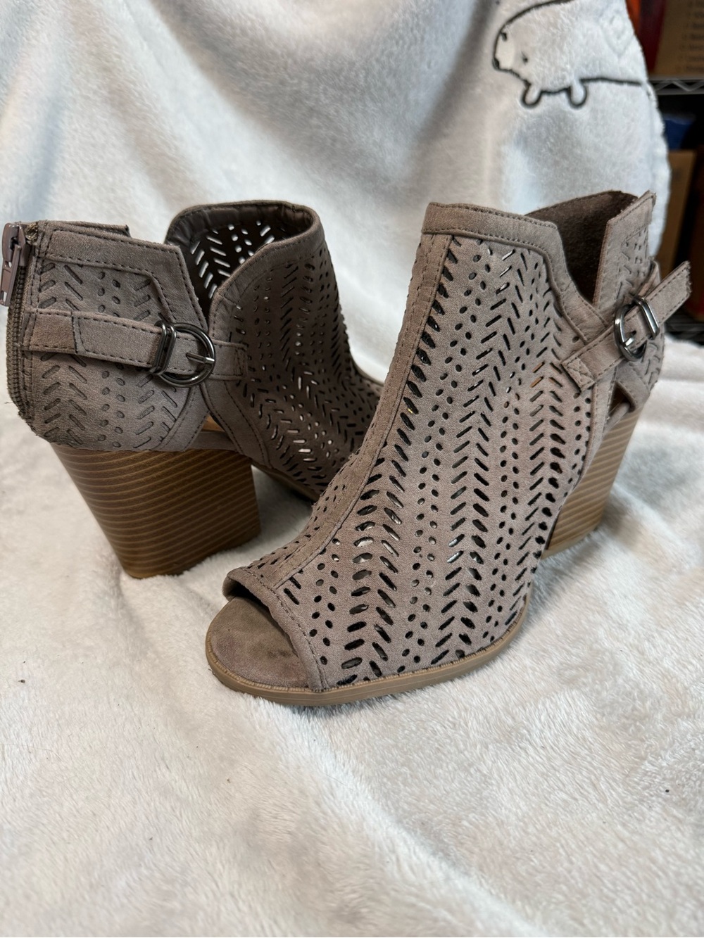 Quipid Taupe Laser-Cut Peep-Toe Block Heel Booties